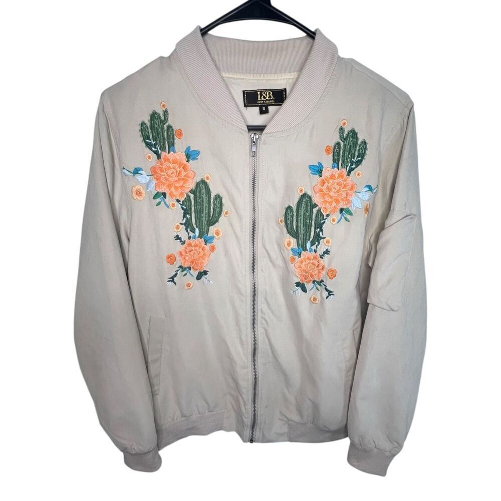 L&B Lucky And Blesses Zip Up Cactus Embroidered Bomber Jacket